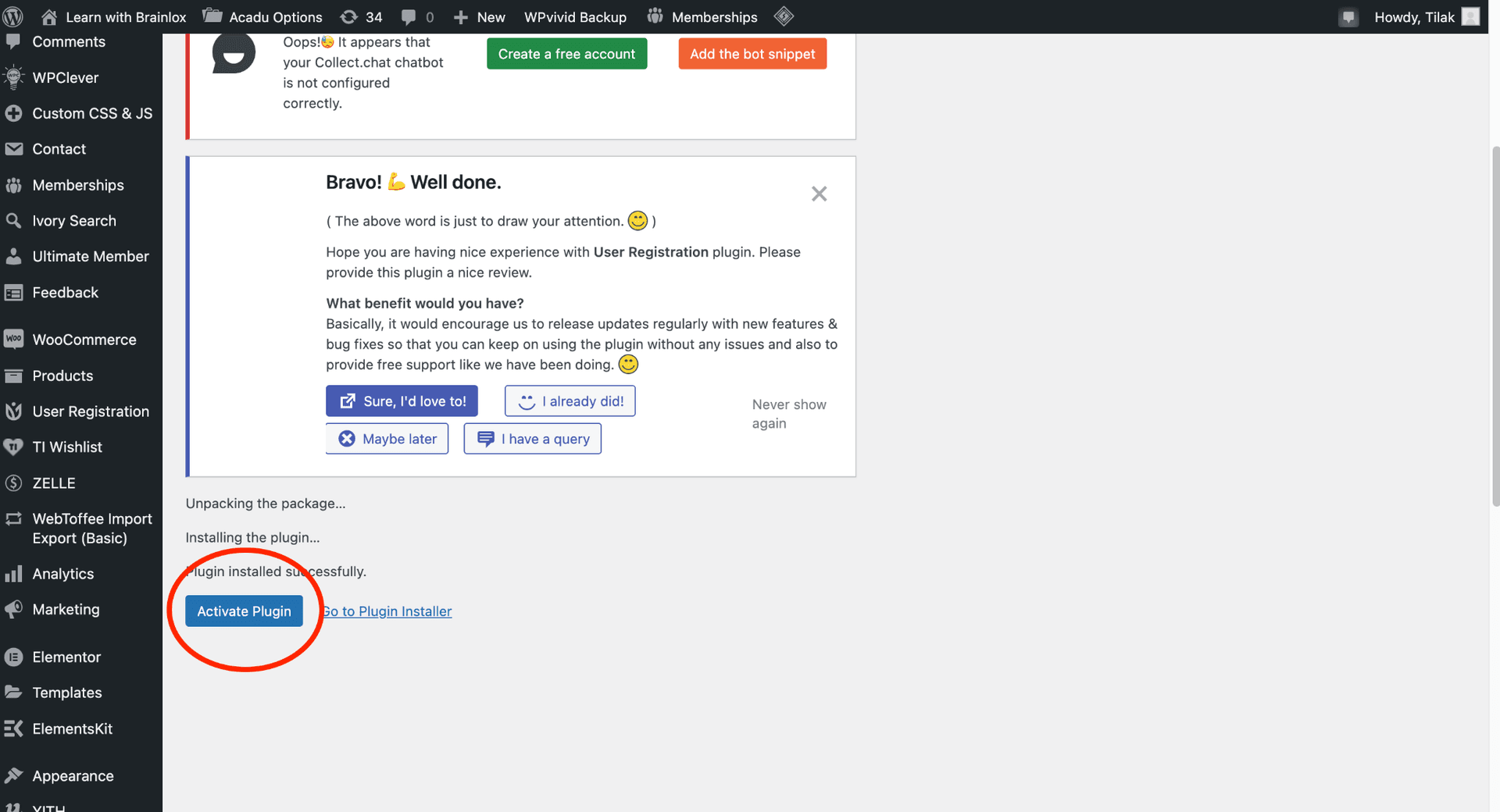 WordPress plugin activate button
