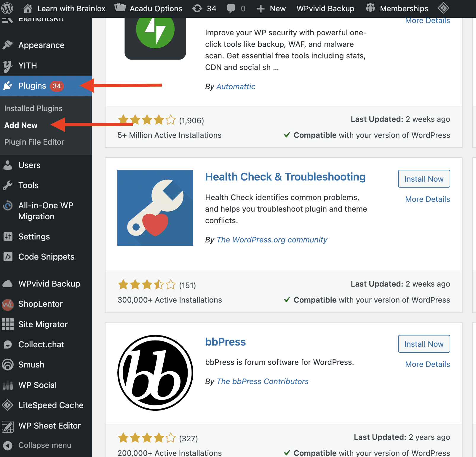 WordPress plugin dashboard